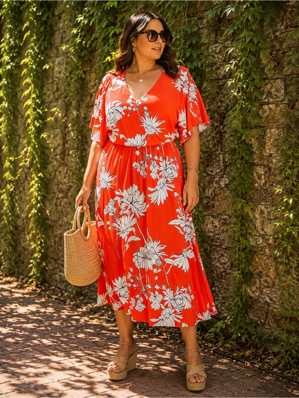 GIRL WITH CURVES Resortwear Botanical Red/Orange Ponte Stretch Dress, 24W